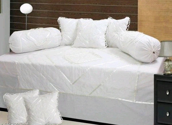 latest New Design Soft Cotton Embroodiery1 bedsheet 2bolster and 5 Cushion cover Diwan Set. - Free Size, White, Cotton, Multipack:1